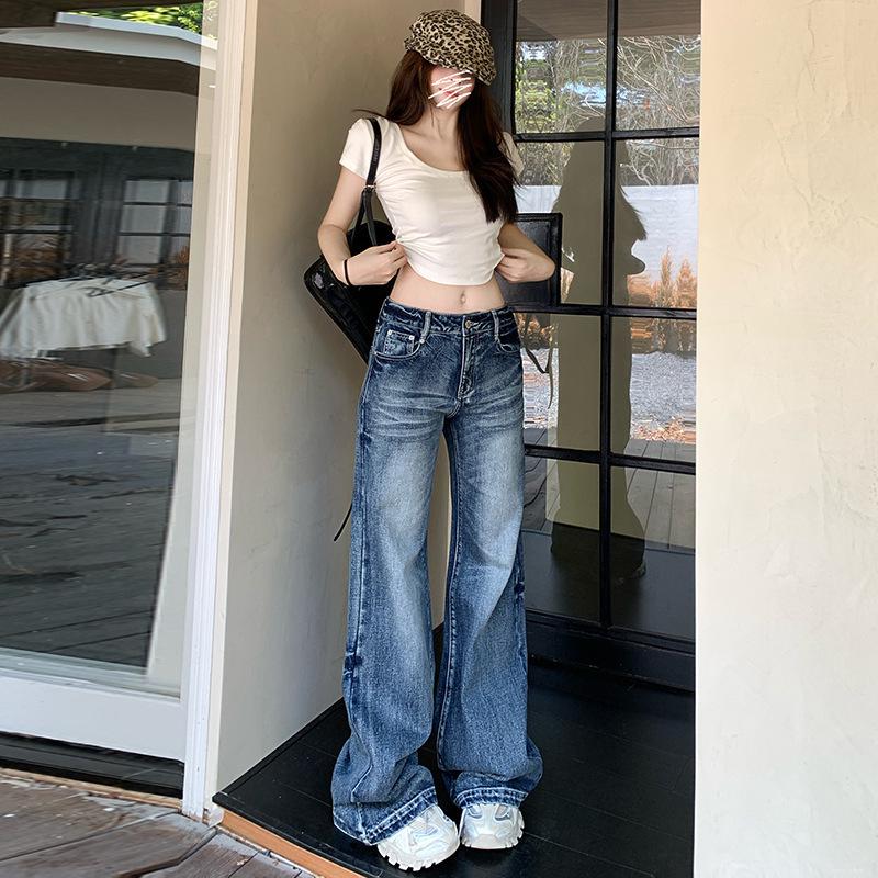 Women s 2025 Retro High-Waisted Micro-Flare Jeans – Heavy Duty, Washed, Slimming, Loose Fit, Wide Leg Pants S