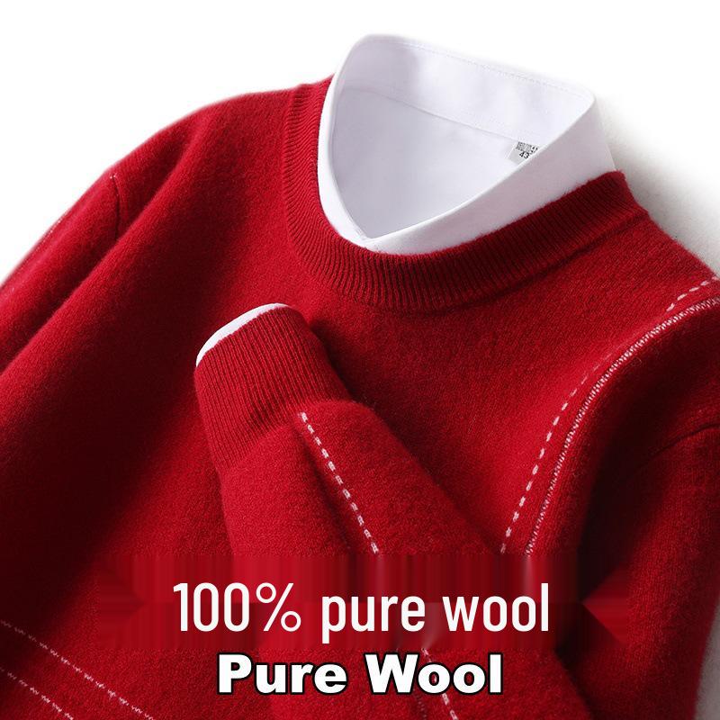 Men's Loose Round Neck 100% Wool Autumn & Winter Thick Knit Pullover Sweater