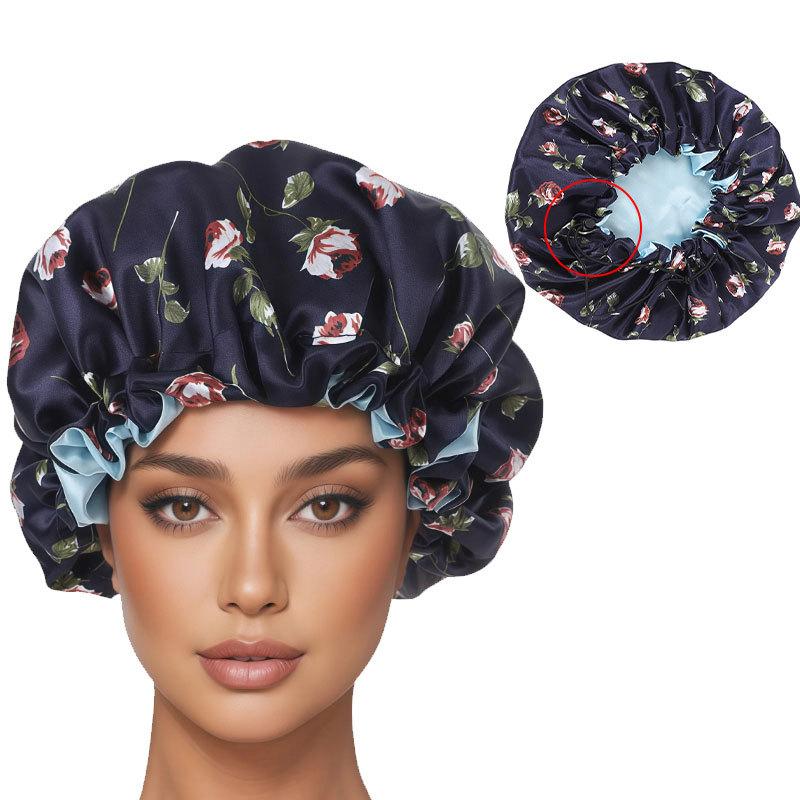 Floral Print Double Sided Satin Shower Cap Adjustable Silky Hair Bonnet for Women Bath Spa Swimming Hair Care