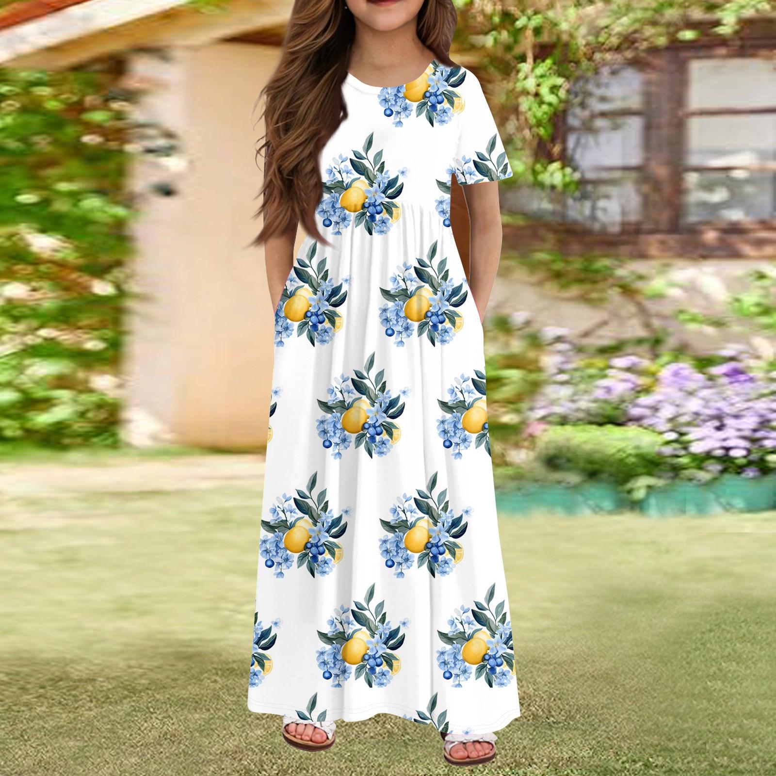 

Длинное летнее платье для девочек - платье макси с короткими рукавами и карманами для детей 4-14 лет 160 белый