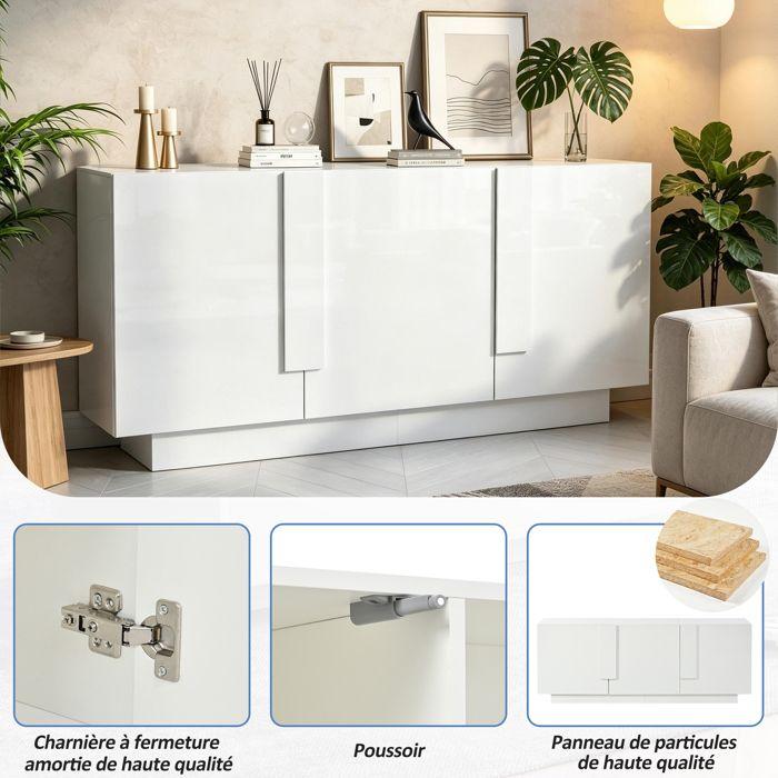 Glänzendes weißes Wohnzimmer-Buffet 160 x 35 x 60 cm 3 Türen 6 Fächer verstellbare Regale großer Stauraum moderne schicke Kommode Deko!