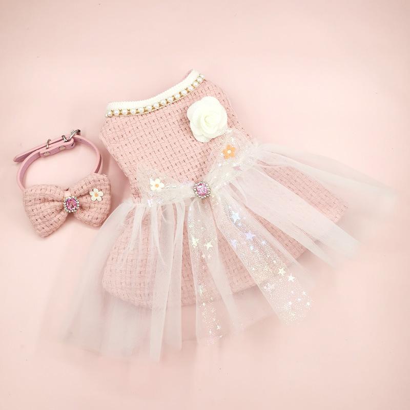

Pet Pink Woolen Dress Coat Princess Mesh Bow Dress Cat Clothing Pet Set Puppy Clothes Autumn/Winter Pink Dresses Puppy L