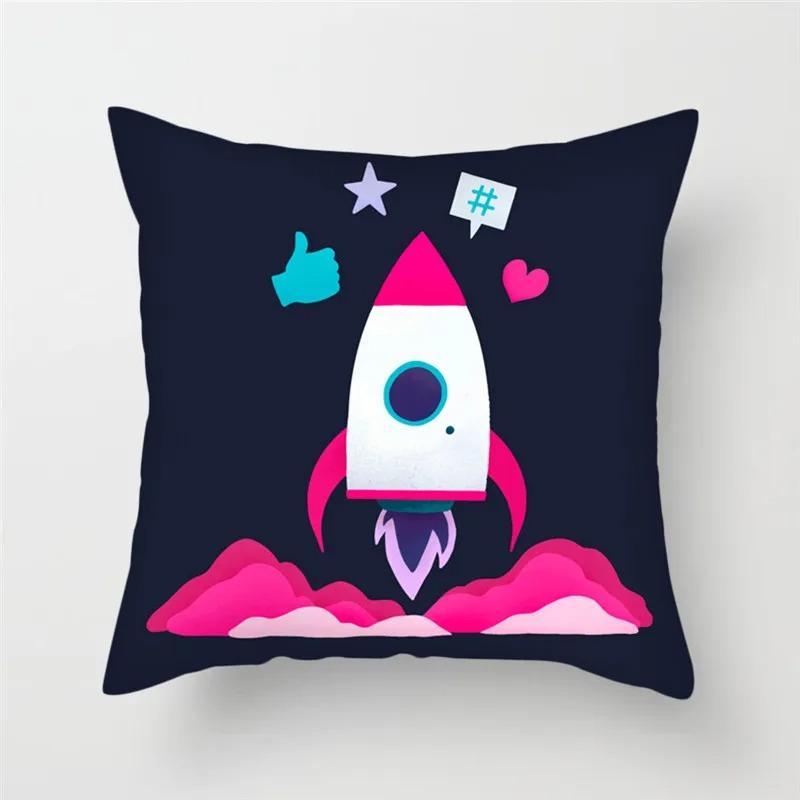 

Cartoon Astronaut & Rocket Spaceship Pillow Cover Decor Space Theme Cushion Case for Sofa Bedroom, Galaxy Print Pillow Cover 18x18Inch