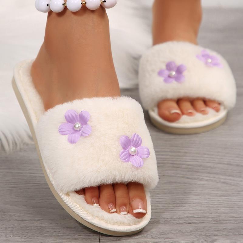 Fashion Pearls Flower Detor Fur Slippers for Women Comfortable Faux Fur Warm Plush Slides Woman Light Slip On Cotton Slippers Mujer