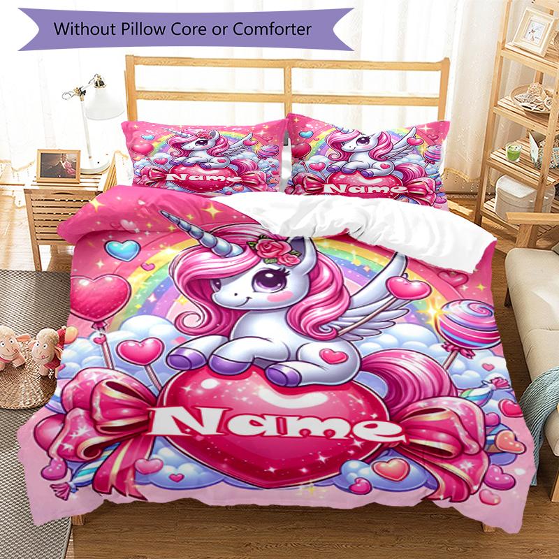 3pcs Custom Name Unicorn Bedding Set Duvet Cover Closure Includes 1 Duvet Cover & 2 Pillowcases, Soft and Comfortable for All Seasons.