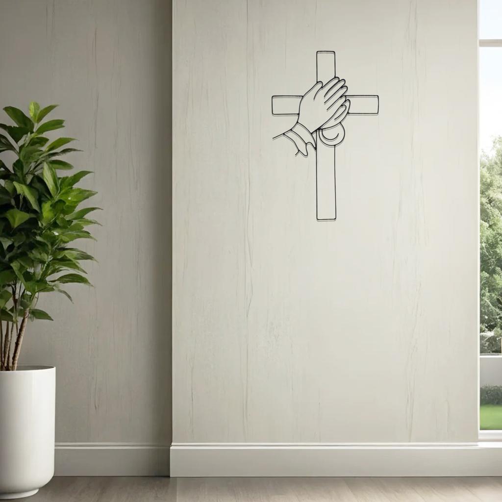 1Pc Praying Hands Cross Metal Wall Decor, Metal Wall Art, Cross and Hand Design Wall Decor, Modern Style Religious Wall Decor, Home Living, Home Decor