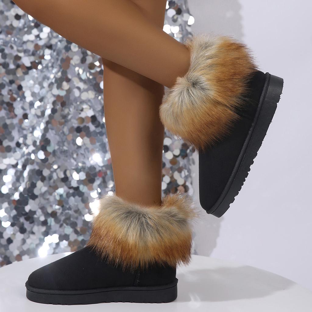 New fluffy boots women's imitation raccoon fur round head thick-bottomed plush-lined fluffy snow boots