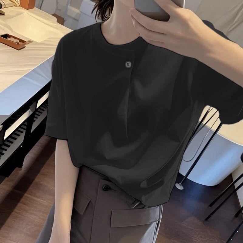 

150.00kg Oversize Women s Clothing Shoulder One Button Short Sleeve T-Shirt Female 100.00kg Plus Size Ladies Loose Slim Looking Tops T-Shirt Tide Black (Solid Color) XL