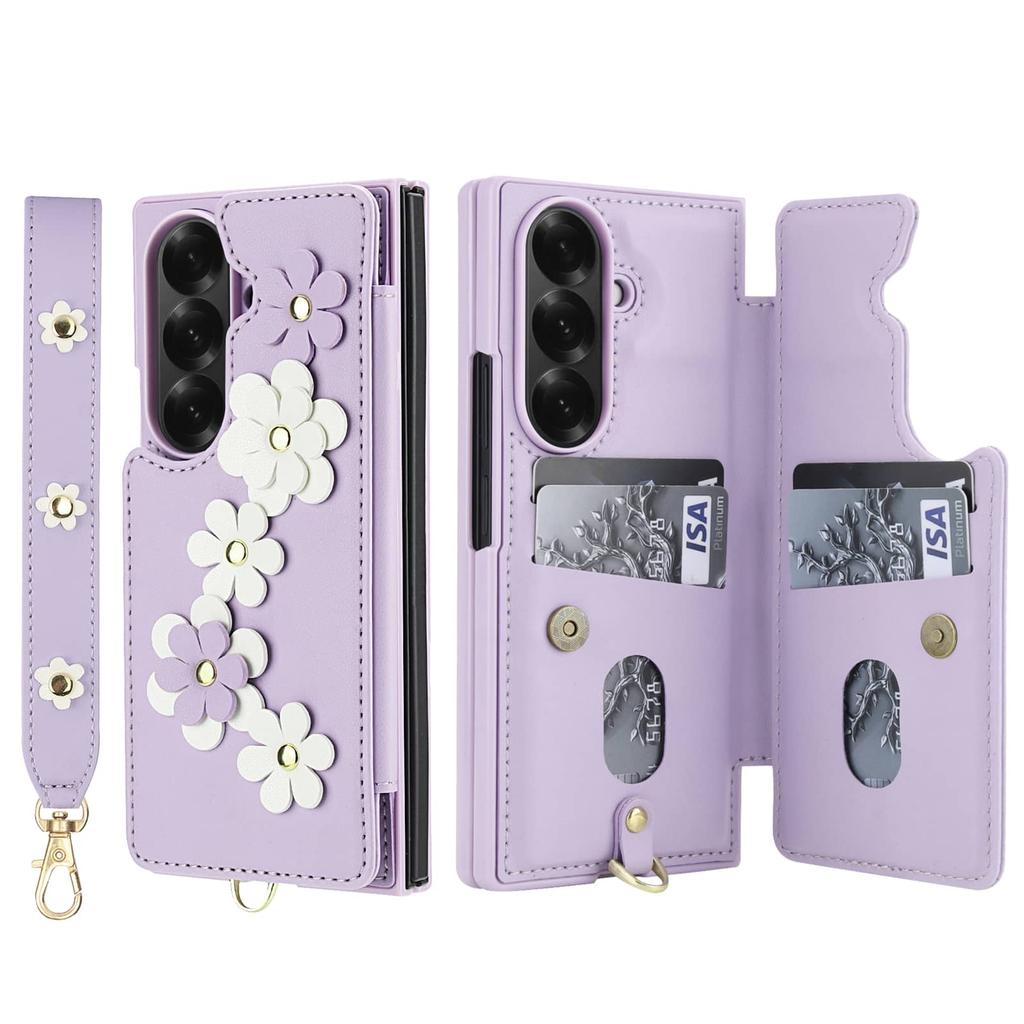 For Samsung Galaxy Z Fold 7 6 5 4 Case, Wallet with Card Holder,Cute Flower Design Crossbody Purse,Magnetic Kickstand Shockproof