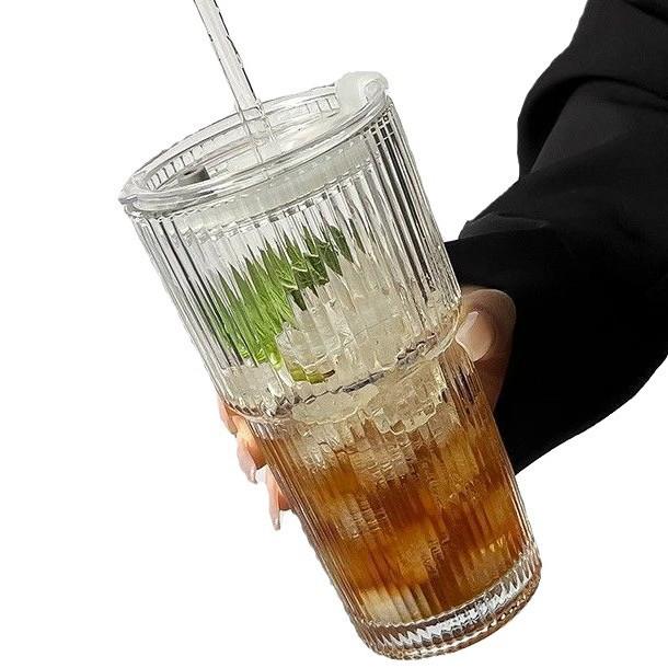 Large Vertical Stripe Glass Cup with Lid and Straw - Free Shipping, High Capacity Transparent Coffee Cup