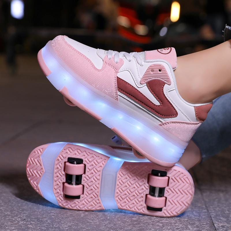 29-40 Kid's Lights Sports Shoes Rubbing Shoes Solid Magic Patch Can Charging Double-row Four-wheel Luminous Children Shoes