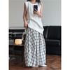 Johnature Summer Japanese Casual Plaid Skirt Three-dimensional Silhouette Fluffy Long Skirts Women