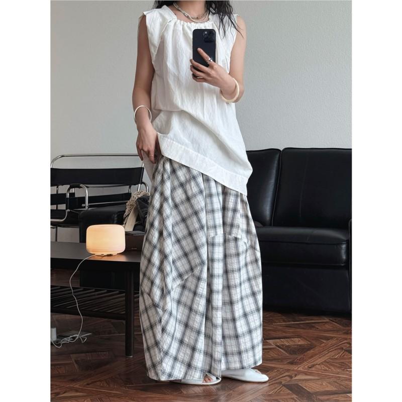 Johnature Summer Japanese Casual Plaid Skirt Three-dimensional Silhouette Fluffy Long Skirts Women