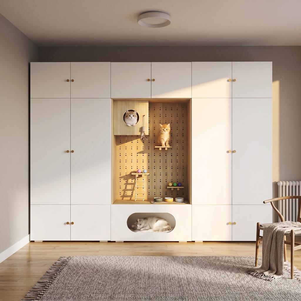Wardrobe Set, Pet Cabinet, 270 x 50 x 200 cm, with Clothes Rail and Cat Climbing Wall, for Bedroom, Living Room and Hallway, White+Wood Look