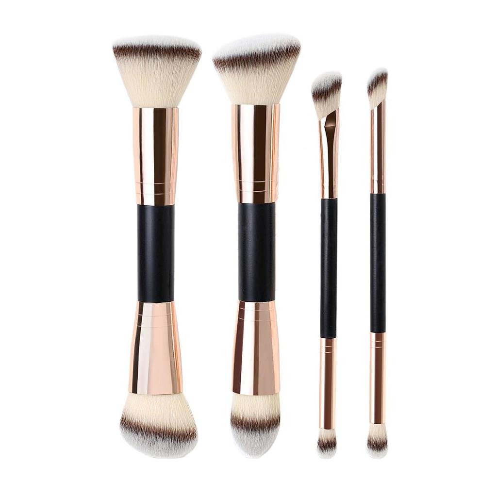 4-Piece Dual-End Makeup Brush Set: Foundation, Blush, Contour, Eye Shadow Blending with Soft Three-Color Bristles