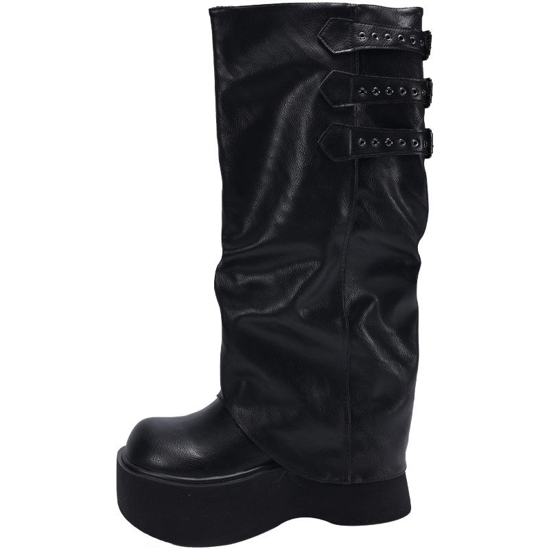 

Ретро плиссированные ботфорты женские 2025 весна новые длинные ковбойские сапоги средней высоты голенища на толстом каблуке на толстой подошве ботинки Мартин 40 чёрный