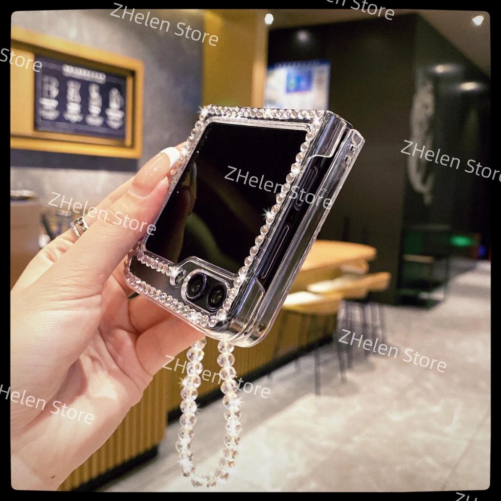 For Samsung Zflip 6 Handmade Diamonds Case With Chain Luxury Galaxy Z Flip 5 4 3 2 1 Removable Bracelet Clear Cover