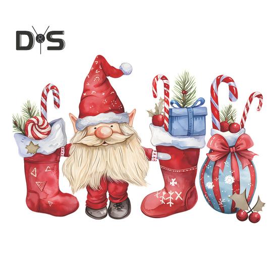 

1 лист рождественских настенных наклеек с изображением гнома, эльфа, чулка, конфетной трости, подарочного пакета, водонепроницаемого ПВХ, самоклеящегося, для гостиной, спальни, праздничного настенного искусства, украшения Christmas