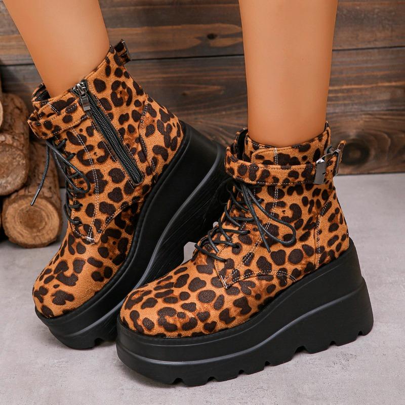 New Popular Lace Up Zipper Women Boots Round Toe Mixed Colors Leopard Print Platform Water Proof Boots Shoes for Women