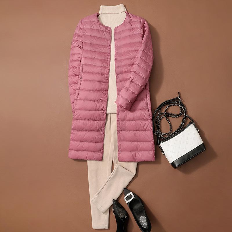 

Women s Mid-Length Lightweight Down Jacket, Convertible Collar, Autumn/Winter, Round to V-Neck Style. XL рожевий