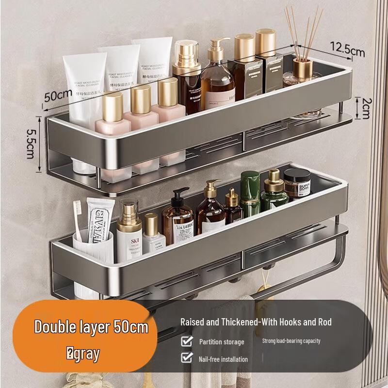 Alliator Space Aluminum No-Drill Double-Layer Bathroom Shelf with Hooks