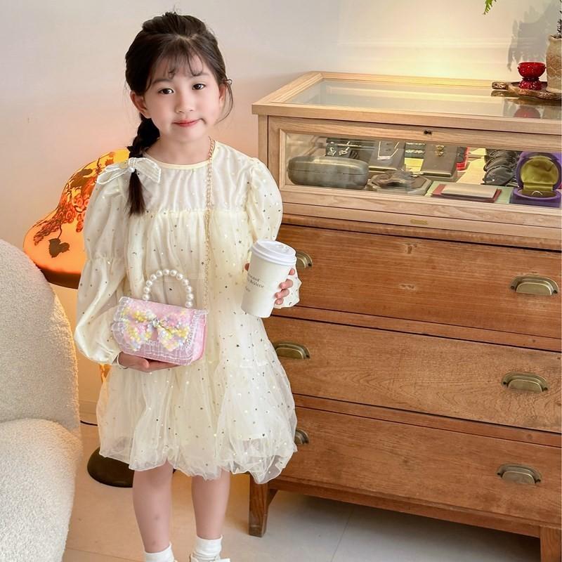 Trendy Girl's Pearl Handbag Stylish Lace Bowknot Princess Shoulder Bag For Kids