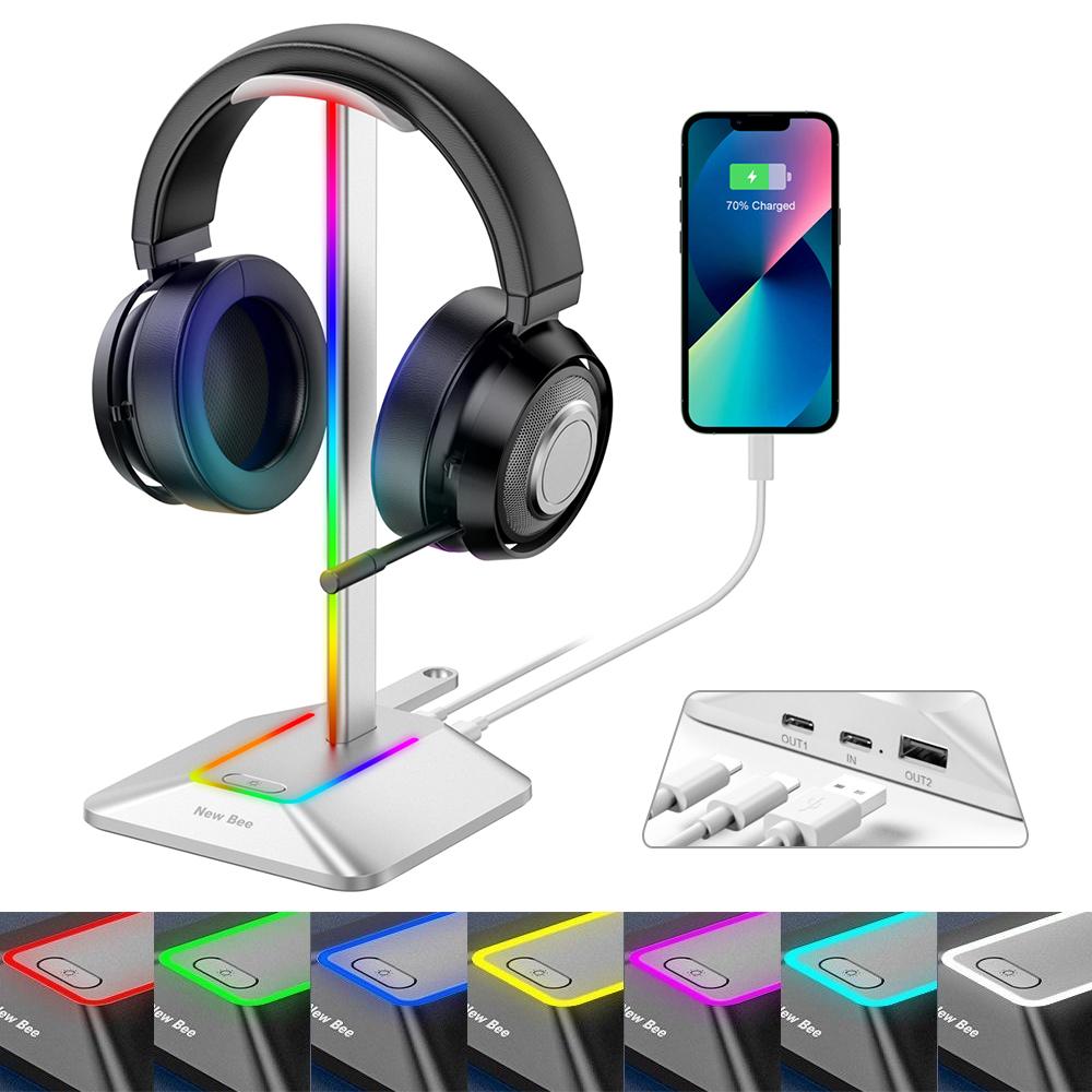 NEW BEE Z8 RGB Light Headphone Stand with USB + Type-C Expansion Hub Gaming Headset Holder Display Rack