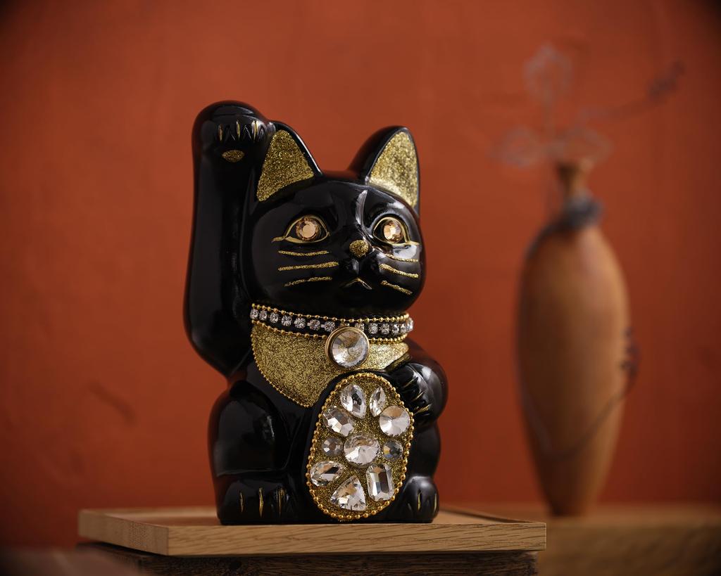 Glückskatze Schmuck Katze Rechte Pfote erhoben Keramik Glückskatze Maneki Neko Glücksbringer Feng Shui Ornament (M-GRÖSSE Schwarz) / _ (jw_M Schwarz)