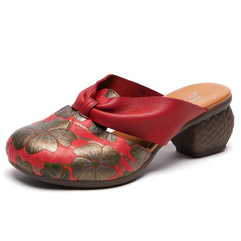 Fashion GKTINOO Genuine Leather 2025 New Summer Slippers Women Shoes Outside Slides Handmade Retro Round Toe Thick Heels Sandals