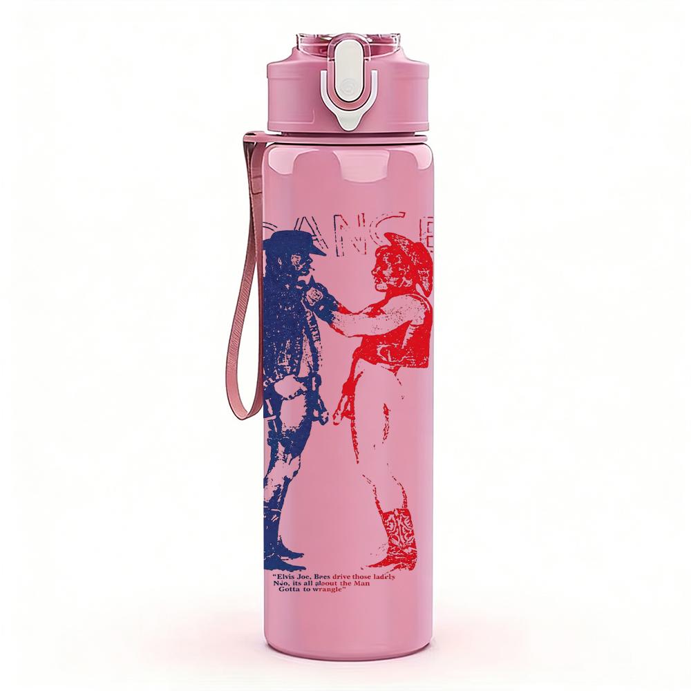 1PC Red blue split male figure band print 750ml colorful plastic sports water bottle leakproof pop up lid with straw for outdoor work home use