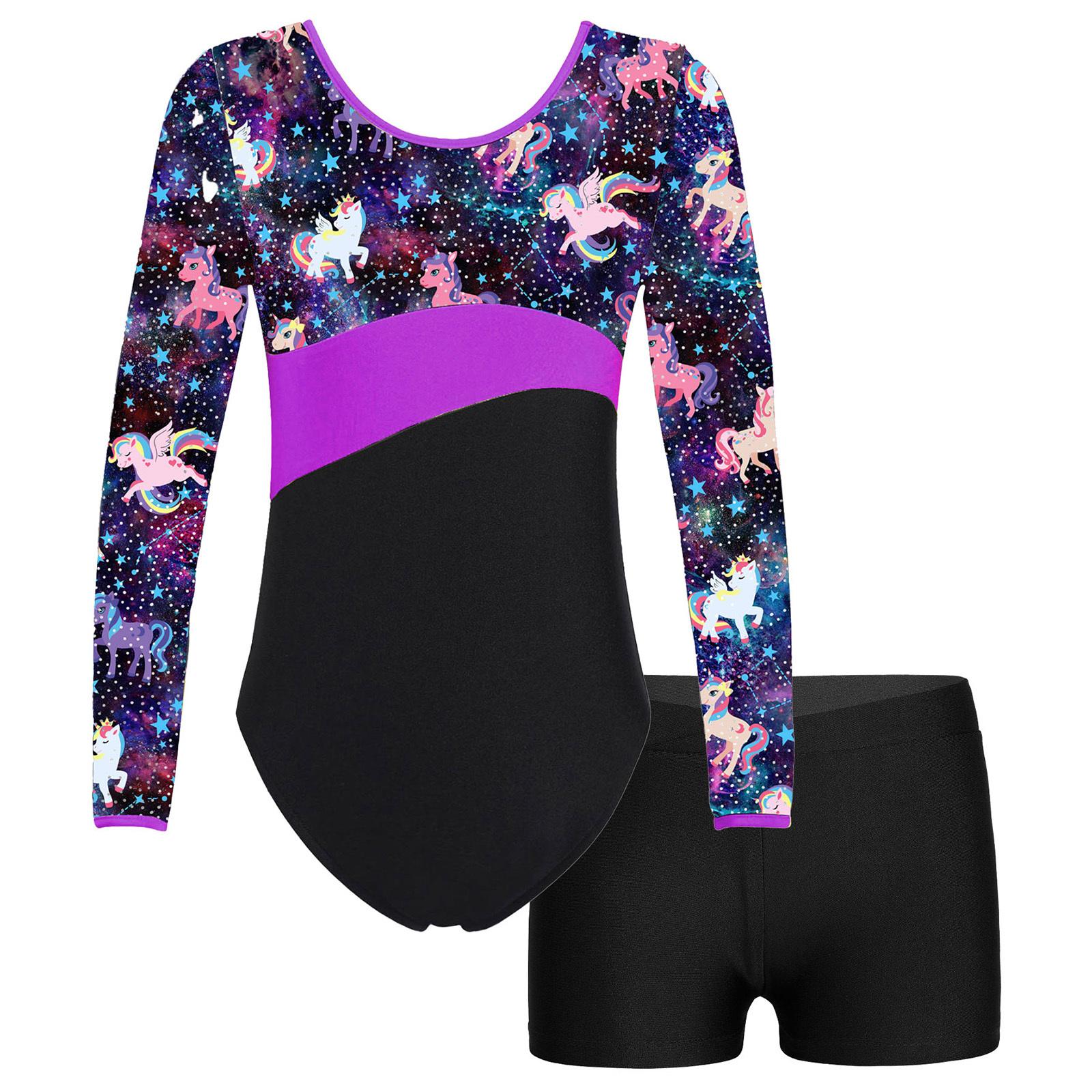 

Дівчачий купальник з V-подібним вирізом спереду, з принтованим клаптиковим дизайном, з поясом-гумкою, шорти, одяг для танців, гімнастики, спорту 9-10 Years