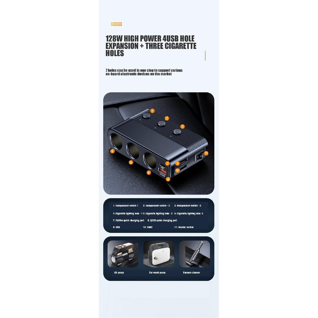 128W Car Charger Splitter Multi Ports PD30W QC3.0 Cigarette Lighter Adapter Car Cigarette Lighter Socket Splitter with Switch