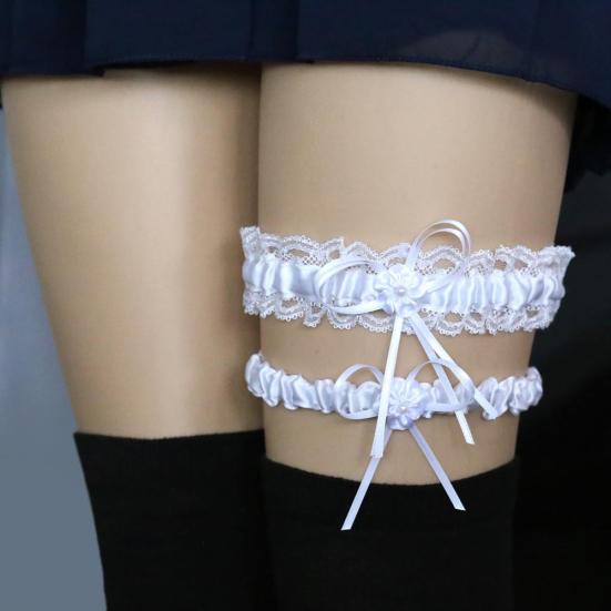 2Pcs/Set Women Garters Elastic Lace Trim Sexy Women Girl Bowknot Decor Garters Belt Suspender Bridal Accessories for Wedding