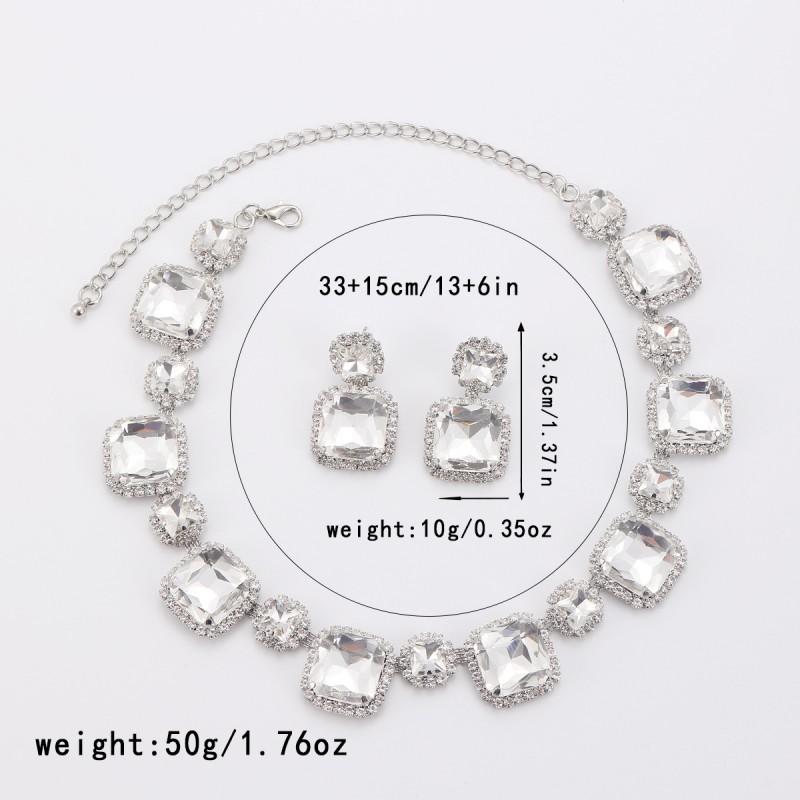 Elegant Green Red White Rhinestone Jewelry Set Women Fashion OL Style Earrings Necklace With Geometric Square Design
