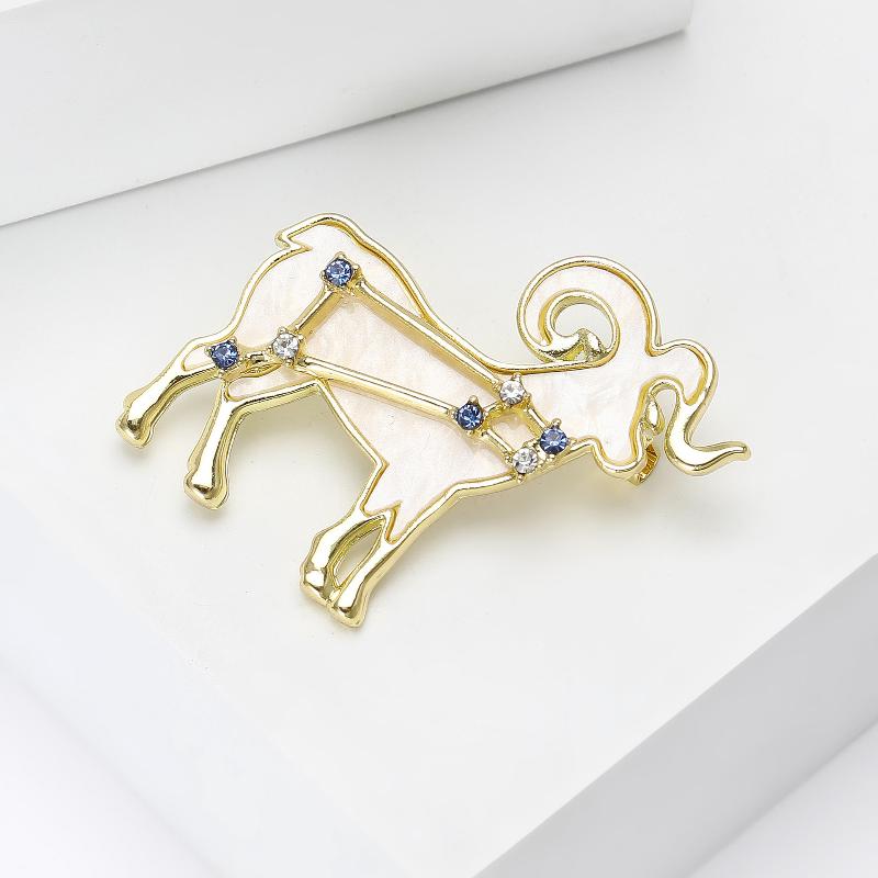 Aries Zodiac Elegant Shell Goat Brooch Sparkling Rhinestone Stars Brooches Pins Designer Jewelry Gift