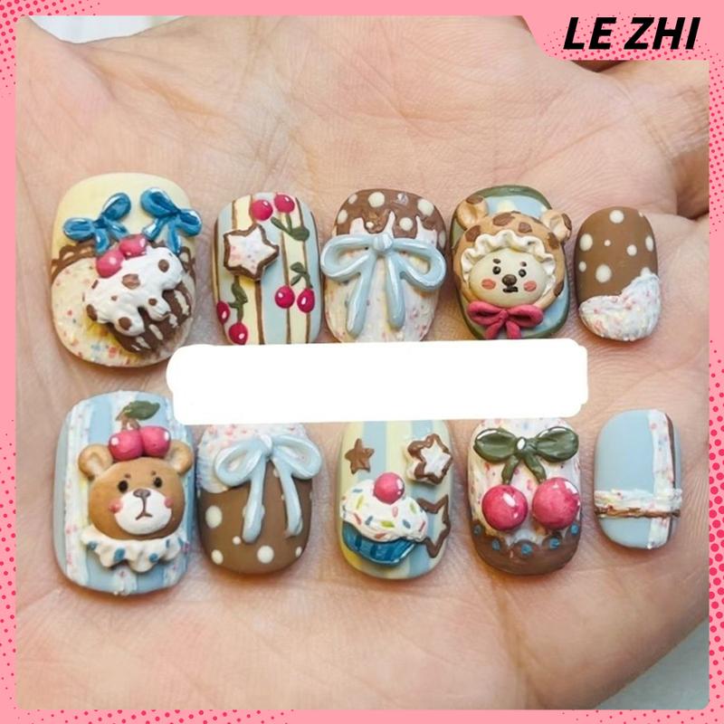 Cartoon Rilakkuma Short Square Round Handmande False Nails Cute Animal Bear Cat Dog Strawberry Bow Press On Nails Christmas Gift
