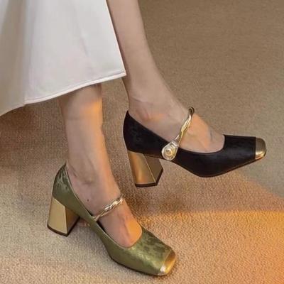 Fashion 2024 Spring New Brand Square Toe Woman Chunky Heels Elegant Fashion Shoes Ladies High Heels Med Heel Slip On Sandal Mules