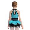 Girls Jazz Dance Dress Turn Down Collar Sleeveless Sheer Mesh Keyhole Back Shiny Sequins Color Block Feather Leotard