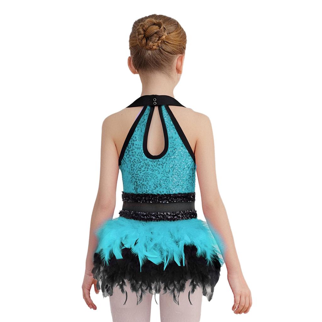 Girls Jazz Dance Dress Turn Down Collar Sleeveless Sheer Mesh Keyhole Back Shiny Sequins Color Block Feather Leotard