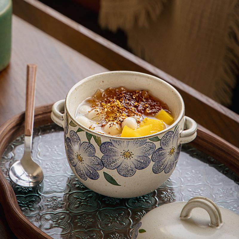 Kitchen Chinese Retro Binaural Stew Cup With Lid Water-Proof Stew Pot Ceramic Crock Pot Small Soup Cup Outlet