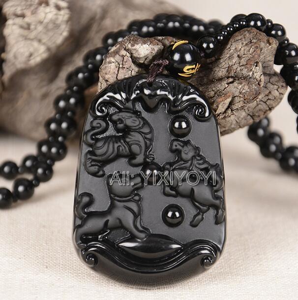 Naturalny Czarny Obsydian Rzeźbiony Chiński Starożytny Dwanaście Zwierząt Zodiaku Szczęśliwy Amulet Wisiorek Koraliki Naszyjnik Modny Prezent Biżuteria