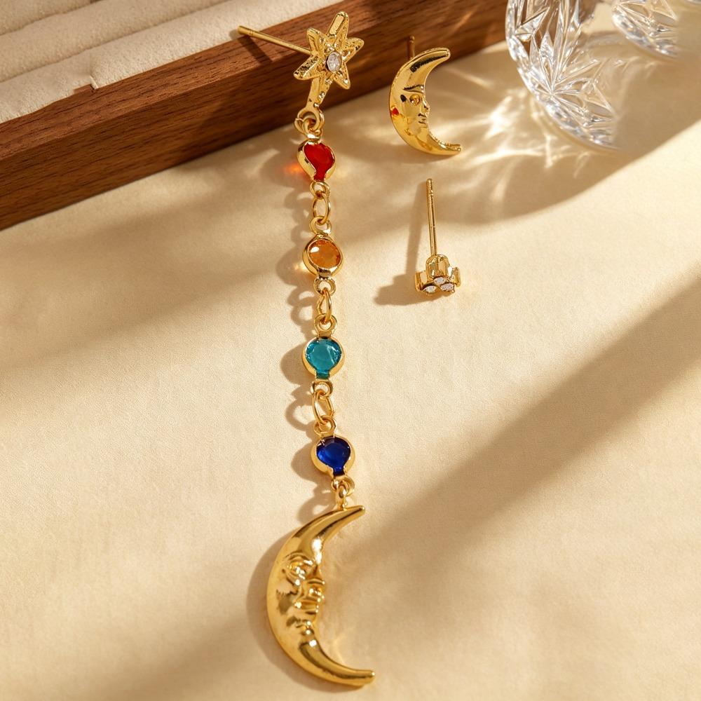 Fantasy Moon Star Colorful CZ Dangle Earrings Set Gold Tone Long Tassel Drop Stud Earrings Set for Women Face Slimming Jewelry