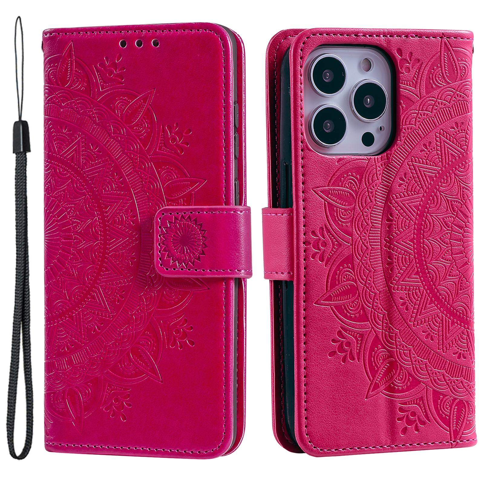 

For iPhone 15 Pro Flip Phone Case PU Leather Mandala Flower Imprint Stand Wallet Cover with Strap Rose