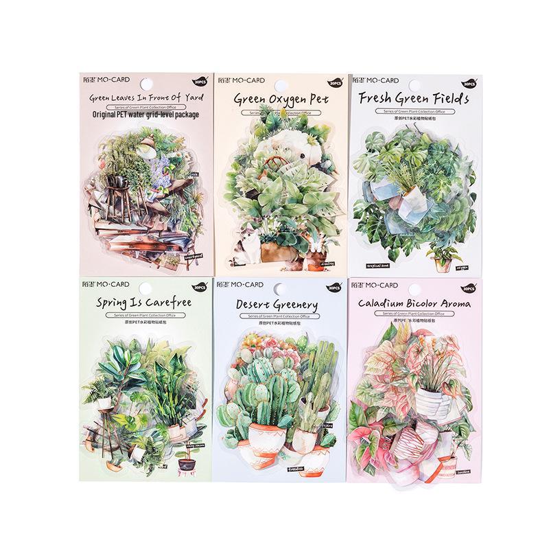 Momo PET White Ink Green Plant Sticker Pack: 30 Sheets, 6 Designs for Journal DIY Decoration