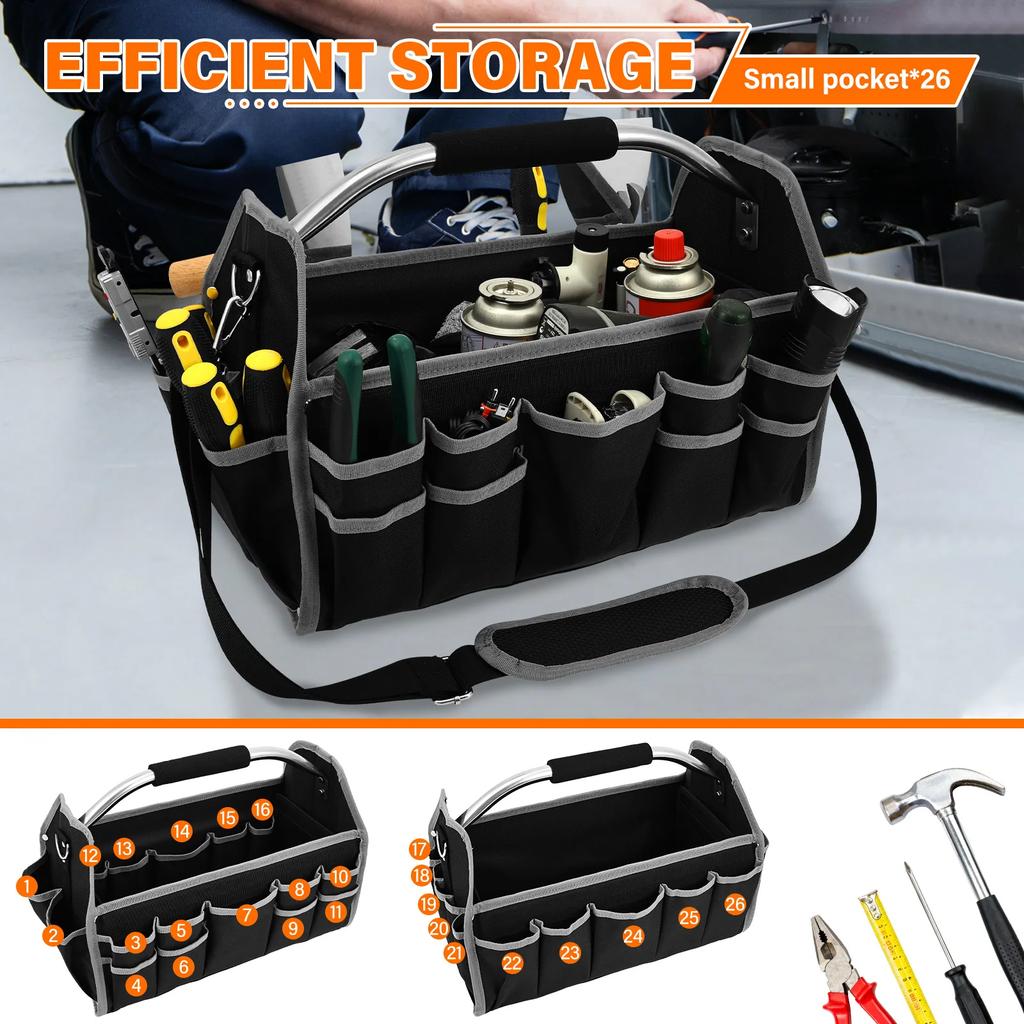 Electrician Open Tote Bag Oxford Waterproof Tool Tote Bag with Handle and Adjustable Shoulder Strap Portable Plumbers Tool Bag