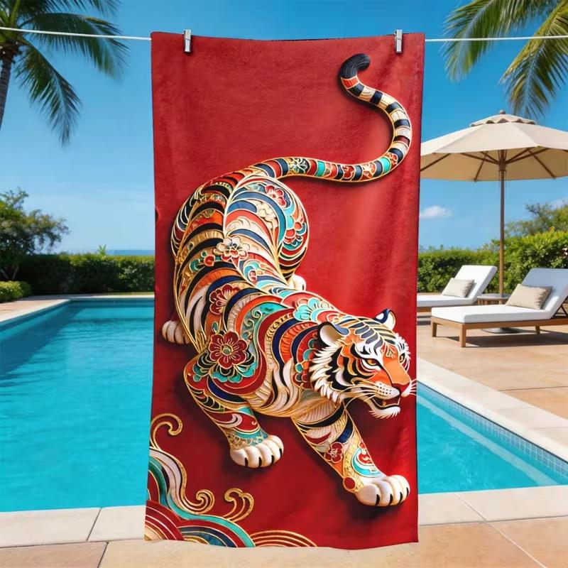Vintage Chinese Style Colorful Pattern Tiger Beach Towel Quick Dry Sandproof Luxury Towel Animal Print Beach Pool Spa