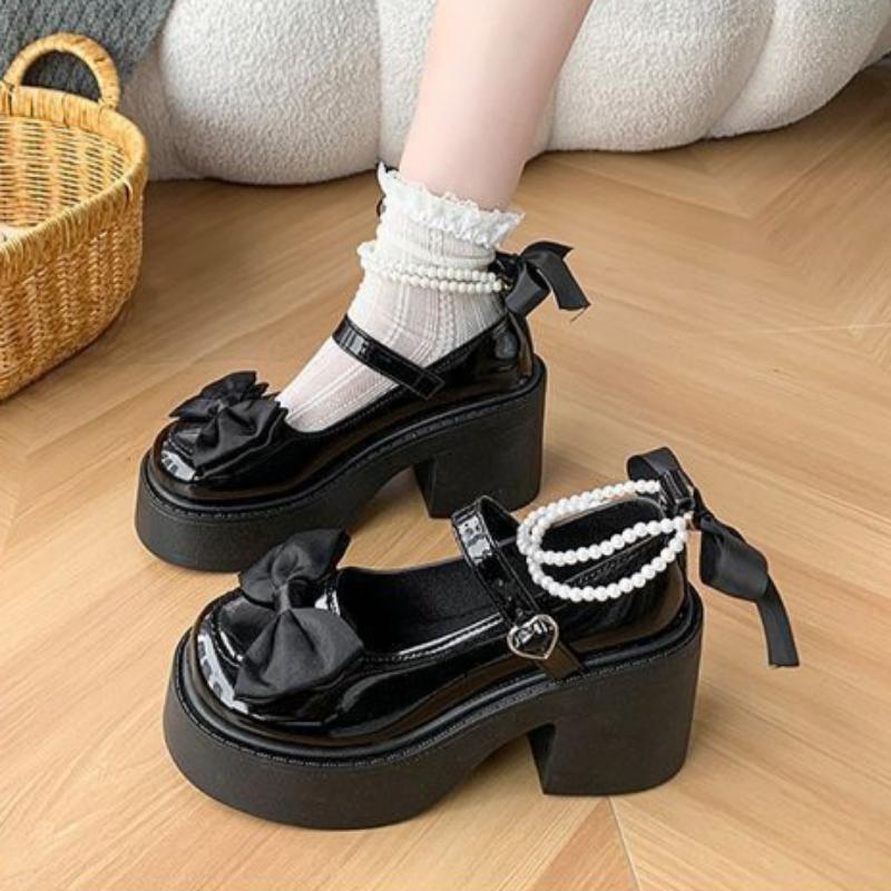 Sweet Bow Mary Jane Leather Shoes for Women Summer White Waterproof Platform Heightening High Heels