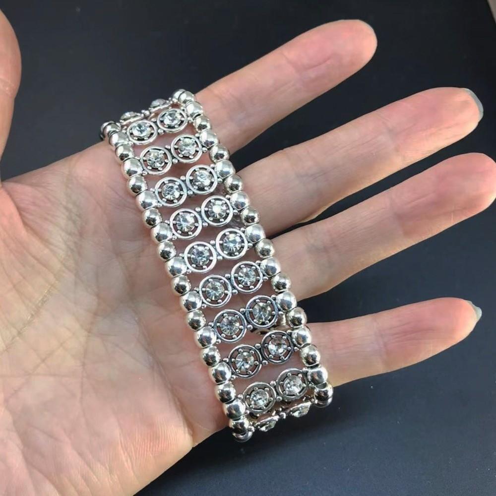Double Row Rhinestone Bracelets Elastic Cuff Bracelet Trendy Wide Bangle For Women