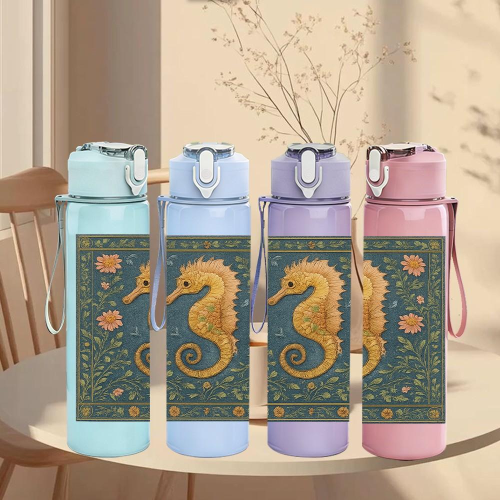 1PC Seahorse Vintage Ocean Pattern Print 750ml Color Plastic Sports Water Bottle Leakproof Flip Straw Lid Suitable for Sports Office Home Use