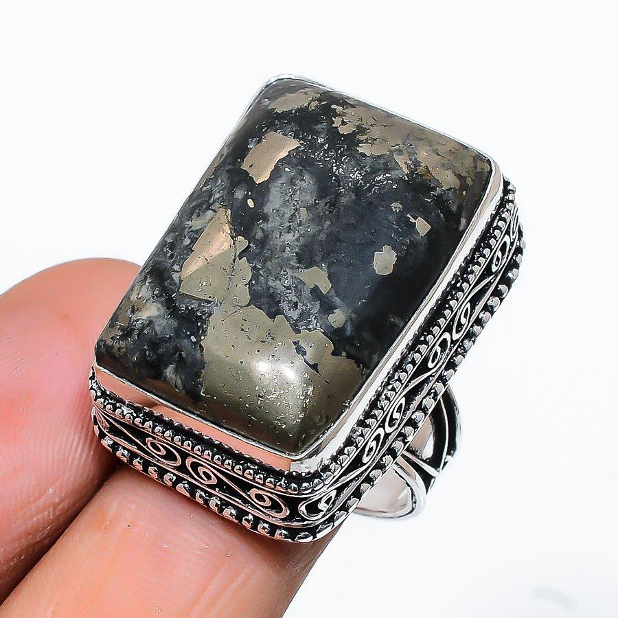 

Кольцо из стерлингового серебра 925 пробы с натуральным пиритом и агатом ручной работы, размер 7,5 G1u22